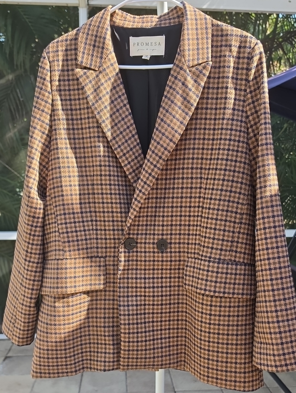PROMESA Navy and Tan Check Plaid Double-Breasted Blazer
